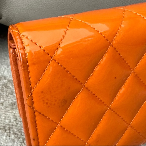 CHANEL BRIGHT ORANGE DIAMOND STITCH PATENT LEATHER LONG WALLET WITH BOX - Picture 16 of 16